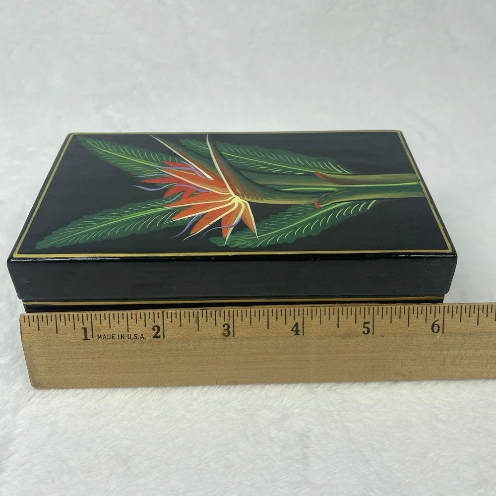 Vintage Black Lacquer Bird of Paradise Trinket Box Jewelry Keepsake Box 6